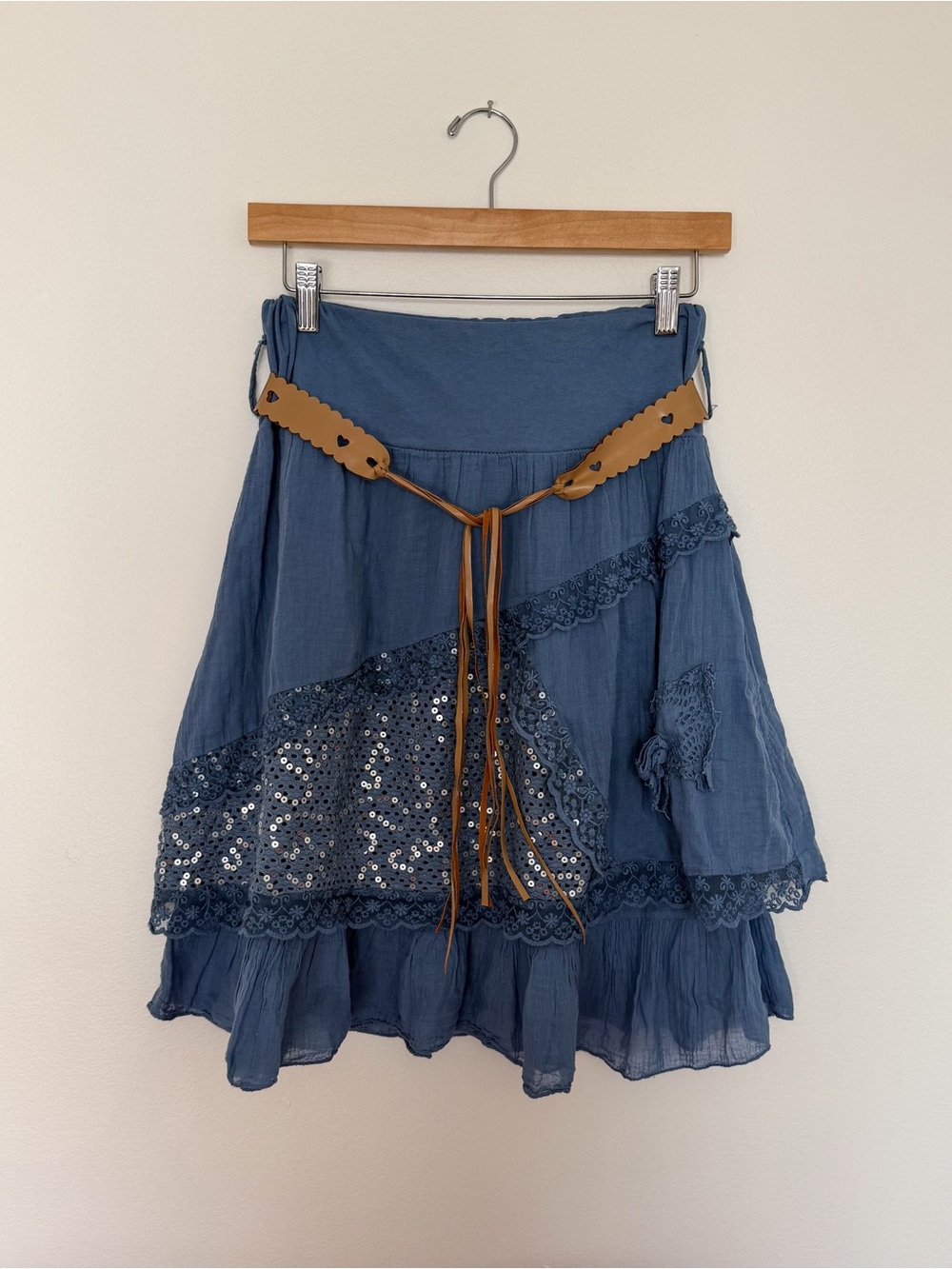 Made in Italy Blue Sequin Embroidered Ruffled Assymetrical Above the Knee skirt
